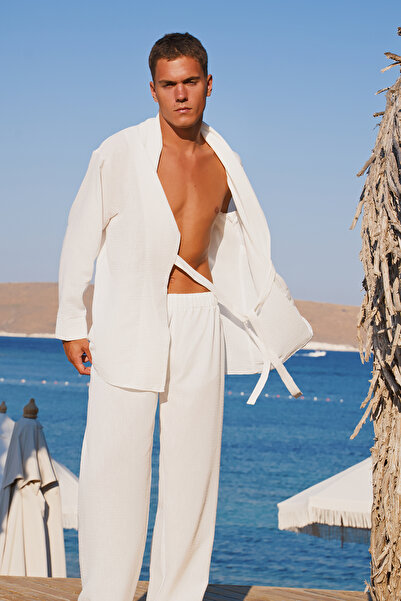 Mita Concept White Linen Lace-Up Men's Kimono-Trunks Set