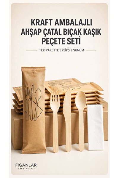 figanlar ambalaj 10 paket Kraft Ambalajlı Ahşap Çatal - Bıçak-Kaşık Peçete Se...