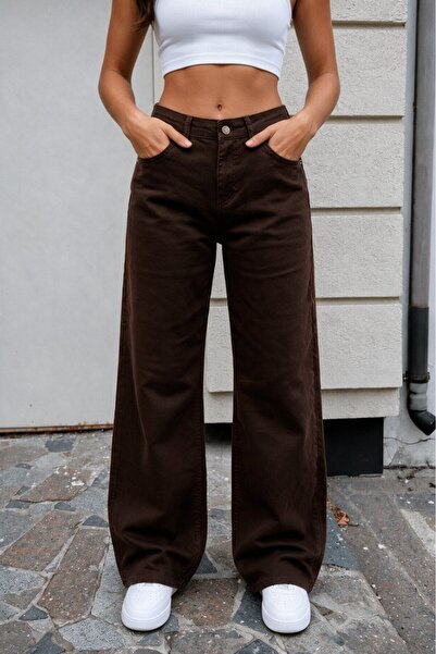 BİKELİFE Pantaloni de damă maro cu picior larg și talie înaltă