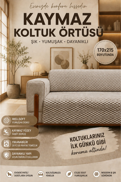 HalısHome Kaymaz Tabanlı Peluş Koltuk Örtüsü Petek Dokulu Yumuşak 3'lü Koltuk...