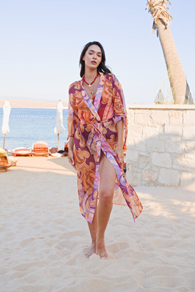 Mita Concept Colorful Patterned Chiffon Bat Sleeve Kimono
