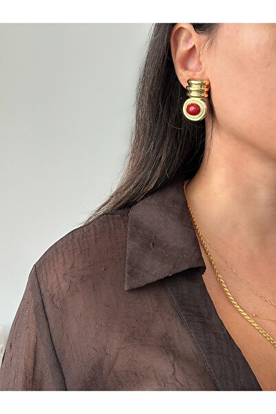 ringbox Gold Burgundy Stone Oval Model Earrings