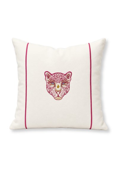Elegancembroidery Leopard Embroidered Pink Piko Detailed Linen Throw Pillow C...