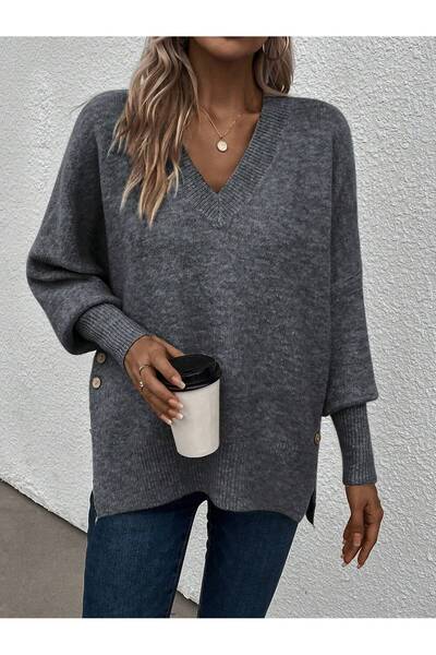 S.ÇLK Women's V-Neck Side Button Detailed Oversize Loose Knitwear Sweater
