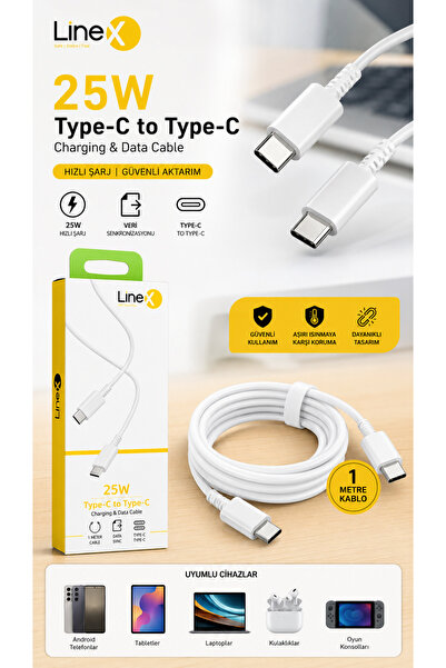Linex Hızlı Şarj ve Data Kablosu 1 Metre 25W Type-C to Type-C – USB-C Hızlı Ş...