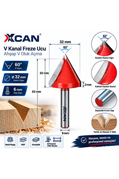 32 mm 60° V Kanal Freze Ucu 6 mm Sap – Ahşap V Oluk Açma Frezesi