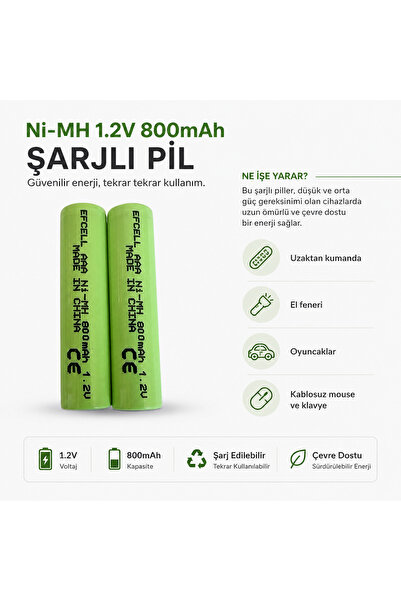 instatech AAA Şarjlı Pil Ni-MH 1.2V 800mAh İnce Kalem Pil