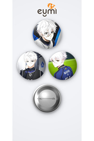 Eymi Design Blue Lock Animesi Nagi 3'lü Metal Rozet Seti 58mm İğneli Buton Ça...