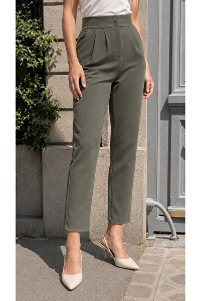 ModaMania Women's Slim-Leg Pleated Belted Transitional Fabric Trousers Black