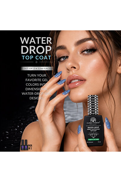 GLOBAL FASHION Professional Gel Top Coat Set, 3D Water Drop Effect 2 x 12ml, HEMA & TPO Free