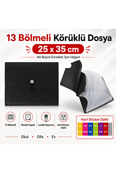 FLY COLOR 13 Bölmeli Körüklü Sunum Dosya Lastikli Siyah