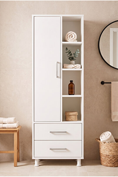 MONTENERO Banyo Dolabı 1 Kapaklı 2 Çekmeceli Açık Raflı Uzun Boy Çok Amaçlı B...