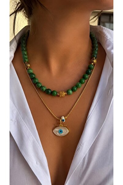 nevaastil takı & aksesuar Women's 2-Piece Necklace Set Jade Natural Stone Bea...