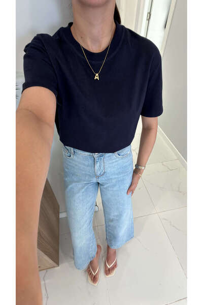 BİRCANÇİL Dlvin Giola Navy Blue Decorative Stitched Crew Neck T-Shirt