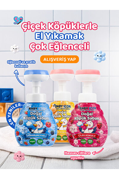 Baby İcon Doğal Çocuk Köpük El Sabunu 350 ml X 3 Çilek+Orman Meyveli+Muz Koku...