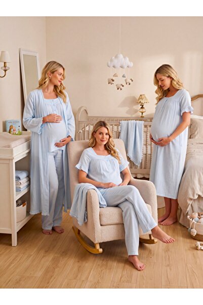 Lohusa Homewear New Season Blue Muslin Fabric Buttoned Breastfeeding Compatib...