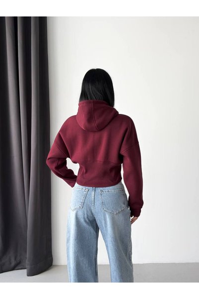 BE CHİC Women's Burgundy Hooded Corset Detail 3-Strand Interlaced Crop Sweatshirt Sgt6701