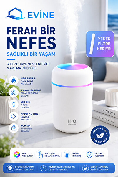 EVİNE 300 ML Ultrasonik Hava Nemlendirici Aroma Difüzörü RGB LED Işıklı Buhar...