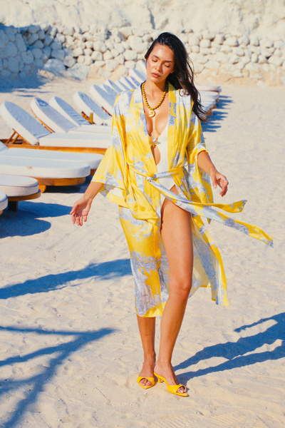 Mita Concept Colorful Patterned Satin Bat Sleeve Kimono