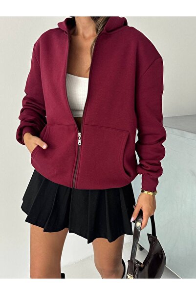 BE CHİC Women's Burgundy Hooded Pocket Zippered 3-Thread Shardooned Oversize ...