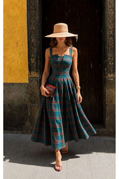 LADYA COLLECTION Green Plaid A-Line Mid-Length Dress with Elastic Back and Sq...