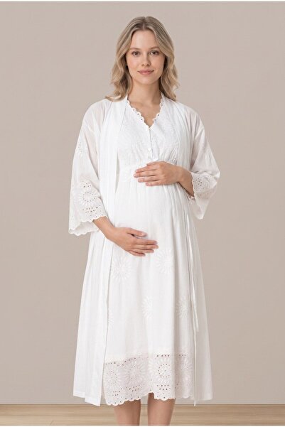 LOHOUSE Women's Ecru Linen Scalloped Lace Maternity Nightgown Set with Easy N...