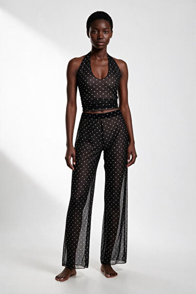 AQUELLA Desenli Tül Crop Top-Pantolon Takım