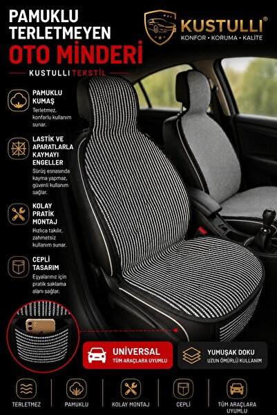Premium Oto Koltuk Minder Seti - FULL 3'lü SET - Terletmez - Kolay Montaj - Kaymaz Taban- Oto Koltuk Kılıfı Cepli Model (Siyah/Beyaz)