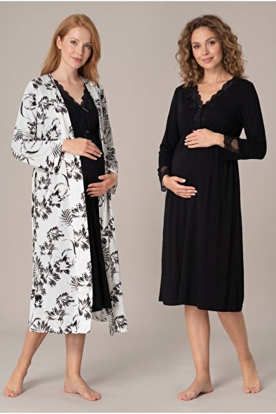 Pelin Women's Black Floral Patterned Buttoned Lace Long Sleeve Maternity Nigh...