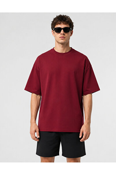 Deep sense Tricou Basic Oversize pentru bărbați, din bumbac burgundy, cu croi...