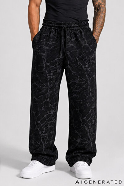 FitVult Marble Desenli Unisex Relaxed Fit Siyah Gri Eşofman Altı Yıkamalı 2 İ...