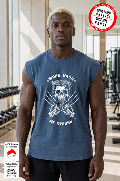 BESSA Μπλε Work Hard Printed Sportsman's Tank Top με λαιμόκοψη ποδηλάτου, βαμ...