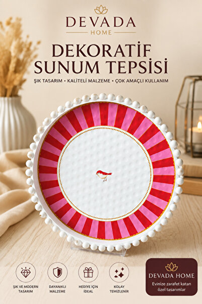 DEVADA HOME Boncuk Kenarlı Kuş Desenli Yuvarlak Dekoratif Sunum Tepsisi 24 cm