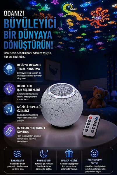 Coverzone Deniz ve Okyanus Temalı Projektör ENT Gece Lambası, Müzikli Hoparlö...
