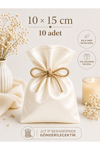ALASEREN 10x15 cm 10 Adet Saten Kese Ekru Renk – Jüt İpli Hediyelik Kese, Nik...