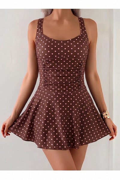 REY-VİA Full Lycra Gathered One-Piece Swimsuit with Shorts and Chest Pads, Pink Polka Dot