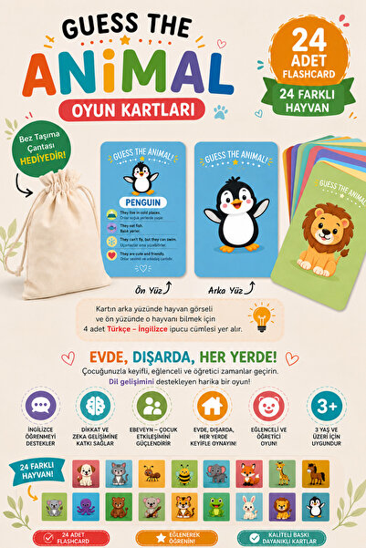 Guess The Animal İngilizce Hayvan Tahmin Kartları – 24 Farklı Hayvan 24 Flashcard – Türkçe İngilizce Eğitici Oyun Kartları