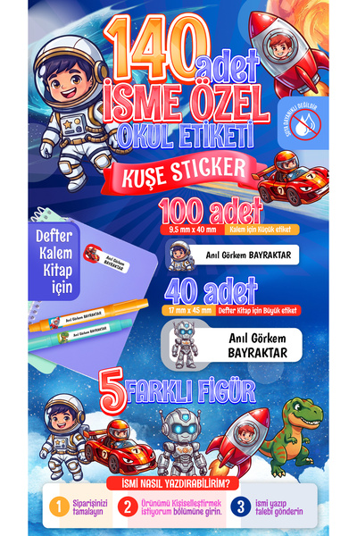 colortouch Galaksi Takımı 140 Adet Kişiye Özel Okul Etiketi – Kalem, Defter v...