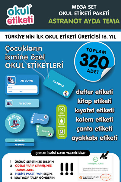 OKUL ETİKETİ BASKI MEGA ASTRONOT AYDA TEMALI PAKET İSME ÖZEL OKUL ETİKETİ / S...