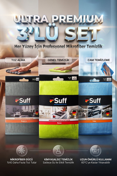Suff 3’lü Premium Mikrofiber Temizlik Bezi Seti 40x40 cm | Cam, Mobilya ve Ge...