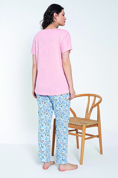 I BIZA Pembe Desenli Kısa Kollu Modal Kadın Pijama Takımı
