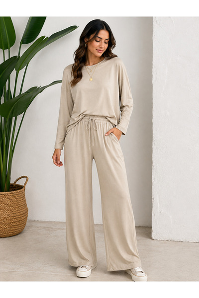 VıoShıne Women's Single Jersey Modal Pocketed Elastic Waist Wide Leg Two-Piec...