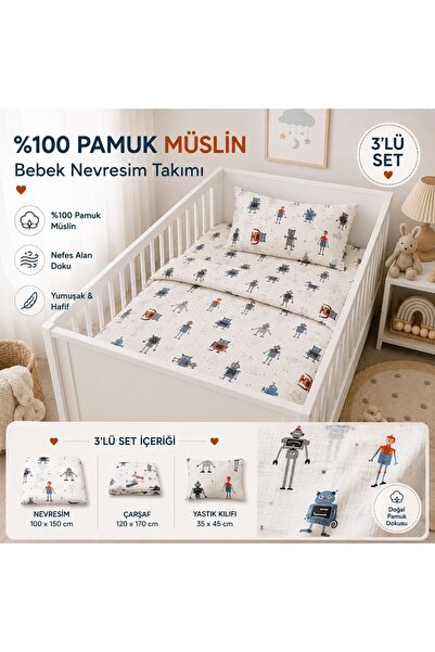 Parpali Atölye 100% Cotton Muslin Baby Bedding Set 3-Piece Set – Duvet Cover,...