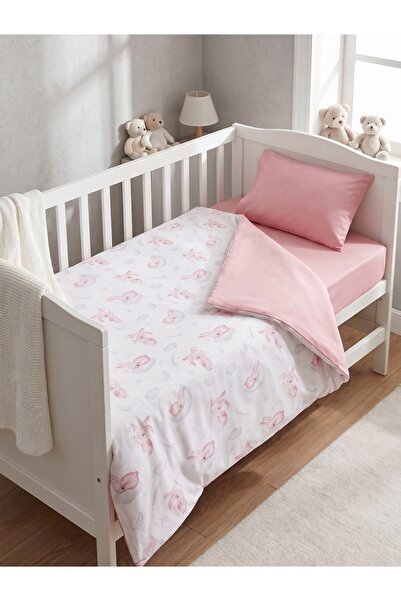 Terzi Ömer 100% Cotton Cute Rabbit Patterned Baby Bedding Set - Plain Pink Fl...