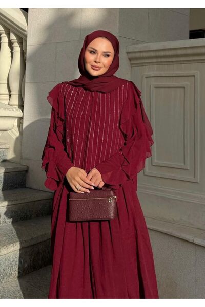 Taşlı etekli bordo takım