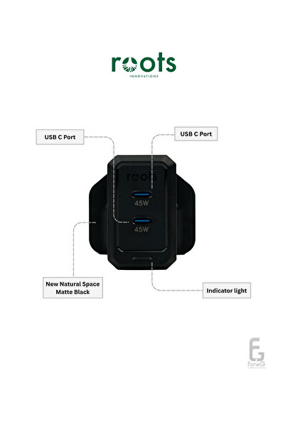 ROOTS INNOVATIONS HOME ADAPTOR 45W GAN MAX POWER 2*USB-C OUTPUT FAST CHARGE