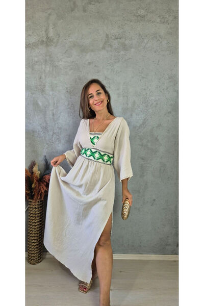 Butik ETNİK DESENLİ YIRTMAÇLI MÜSLİN ELBİSE BEJ