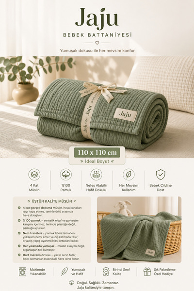 Jaju Baby Çağla Yeşili 4 Kat Müslin Bebek Battaniyesi 110x110 cm – %100 Pamuk