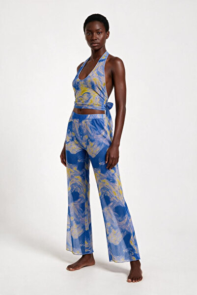 AQUELLA Desenli Tül Crop Top-Pantolon Takım
