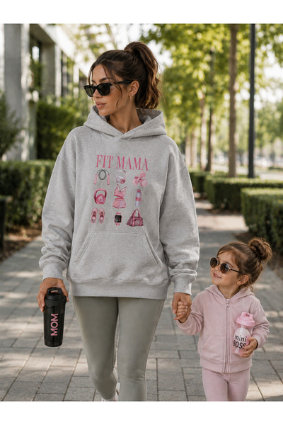 Harmandar Φούτερ με κουκούλα Fit Mama σε γκρι χρώμα με στάμπα και τσέπη καγκουρό